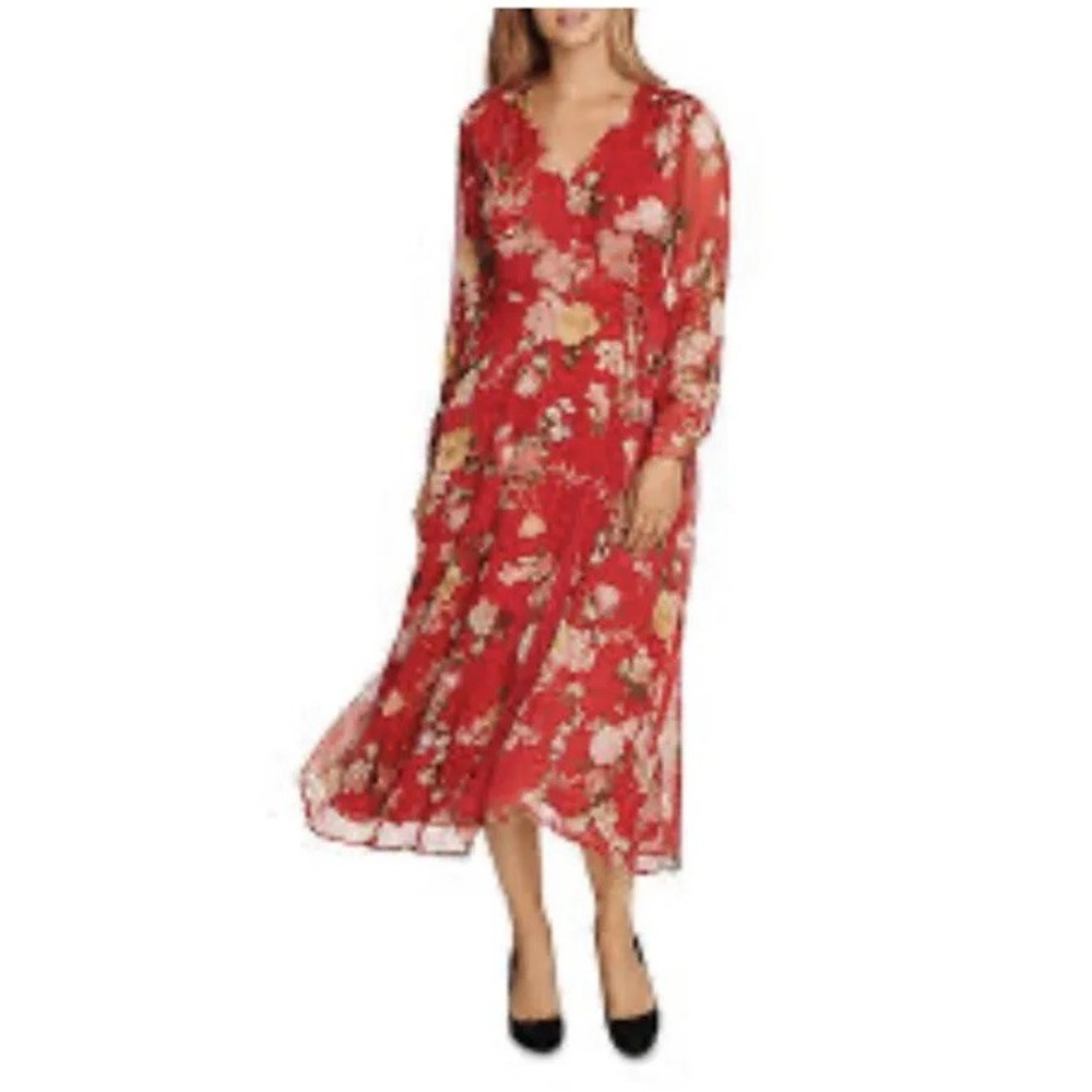 Vince Camuto Red Floral Wrap Long Sleeve Maxi Dress S Deep Red Chiffon Gown